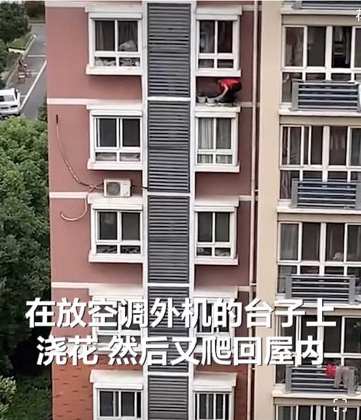 男子无防护从6楼窗户爬出浇花 拍摄者：看着很害怕感觉很危险